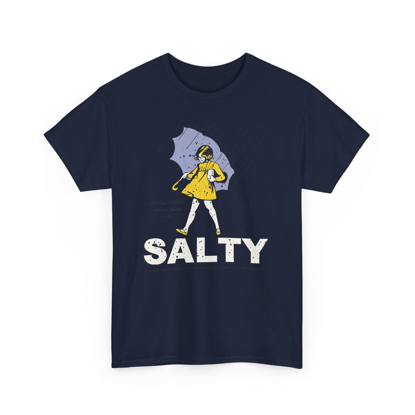 Salty Raincoat Girl T-Shirt | Retro Umbrella Illustration, Navy Tee