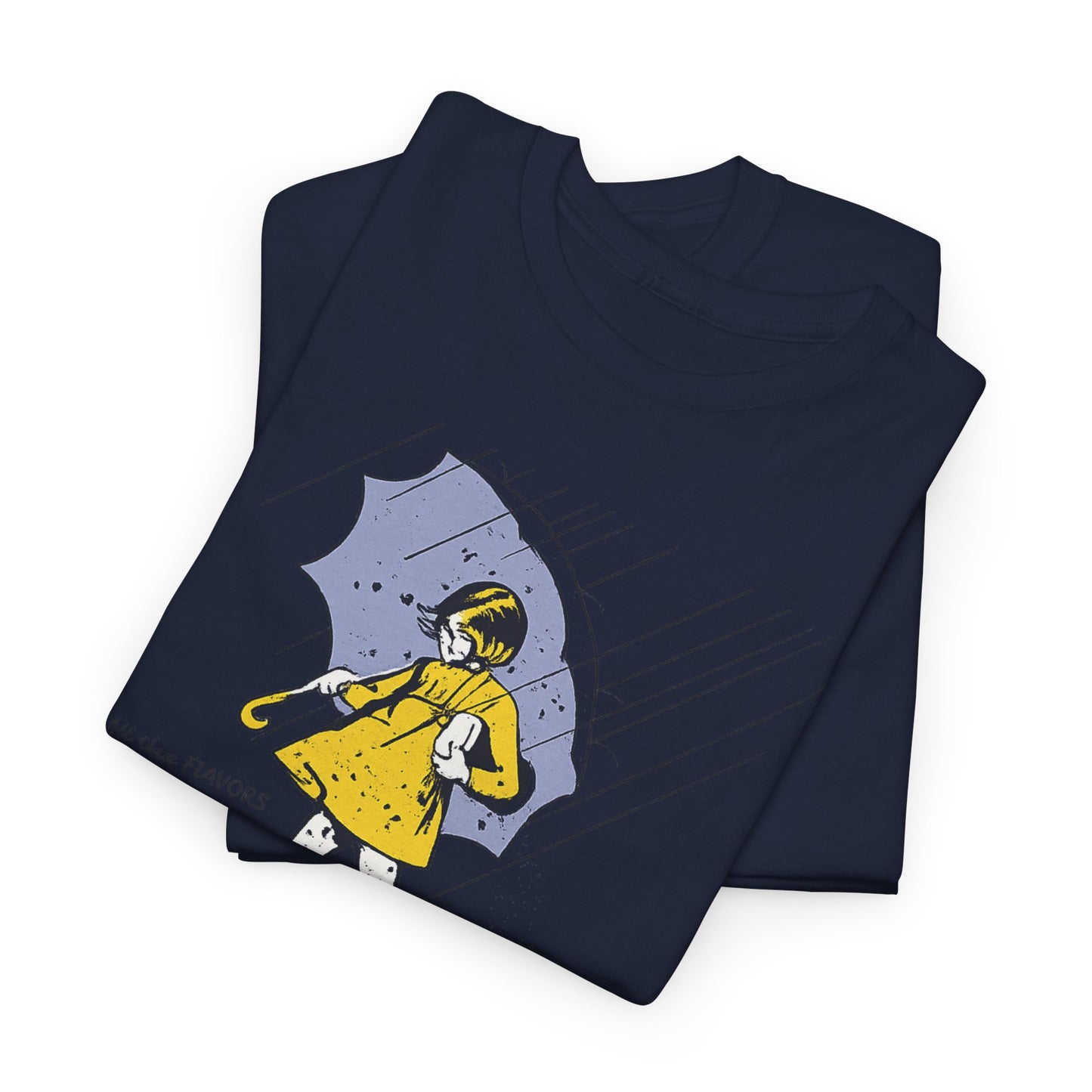 Salty Raincoat Girl T-Shirt | Retro Umbrella Illustration, Navy Tee